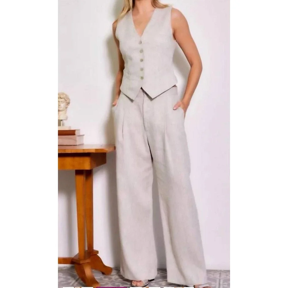FIFTEEN TWENTY Women's Linen High‎ Rise Wide Leg Pants Size M Oatmeal NWT $234